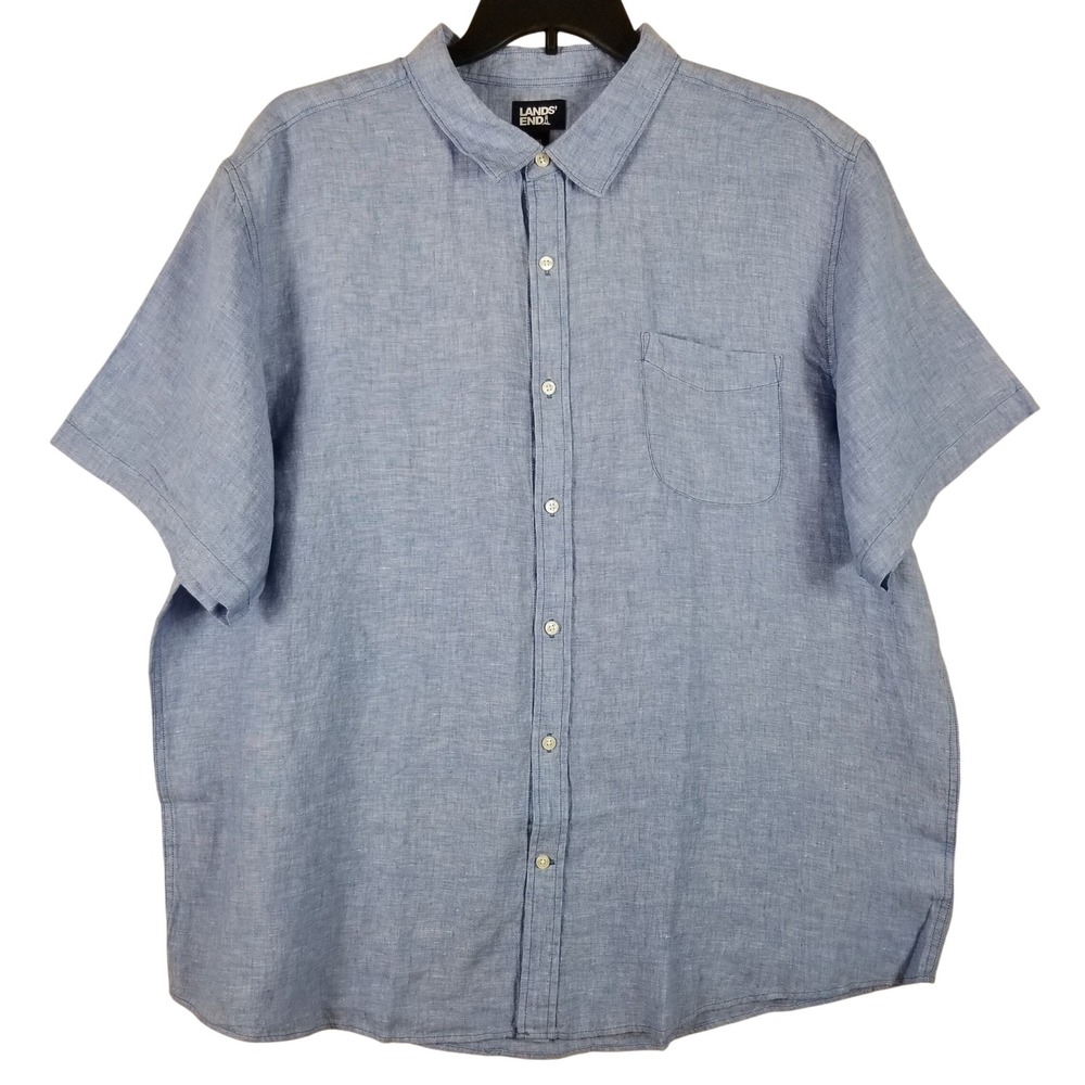 Lands End Men XXL Blue 100% Linen Short Sleeve Button Down Shirt Traditional Fit